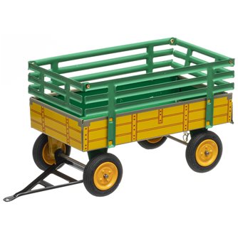 Remorque jaune avec réhausse verte pour tracteur miniature en fer blanc 1:25 fabriquée en Europe